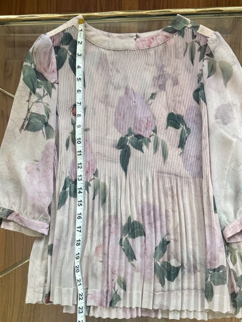 Ted Baker Pleated Sheer Floral Violet 3/4 sleeve top Sz 1 - Picture 9 of 13